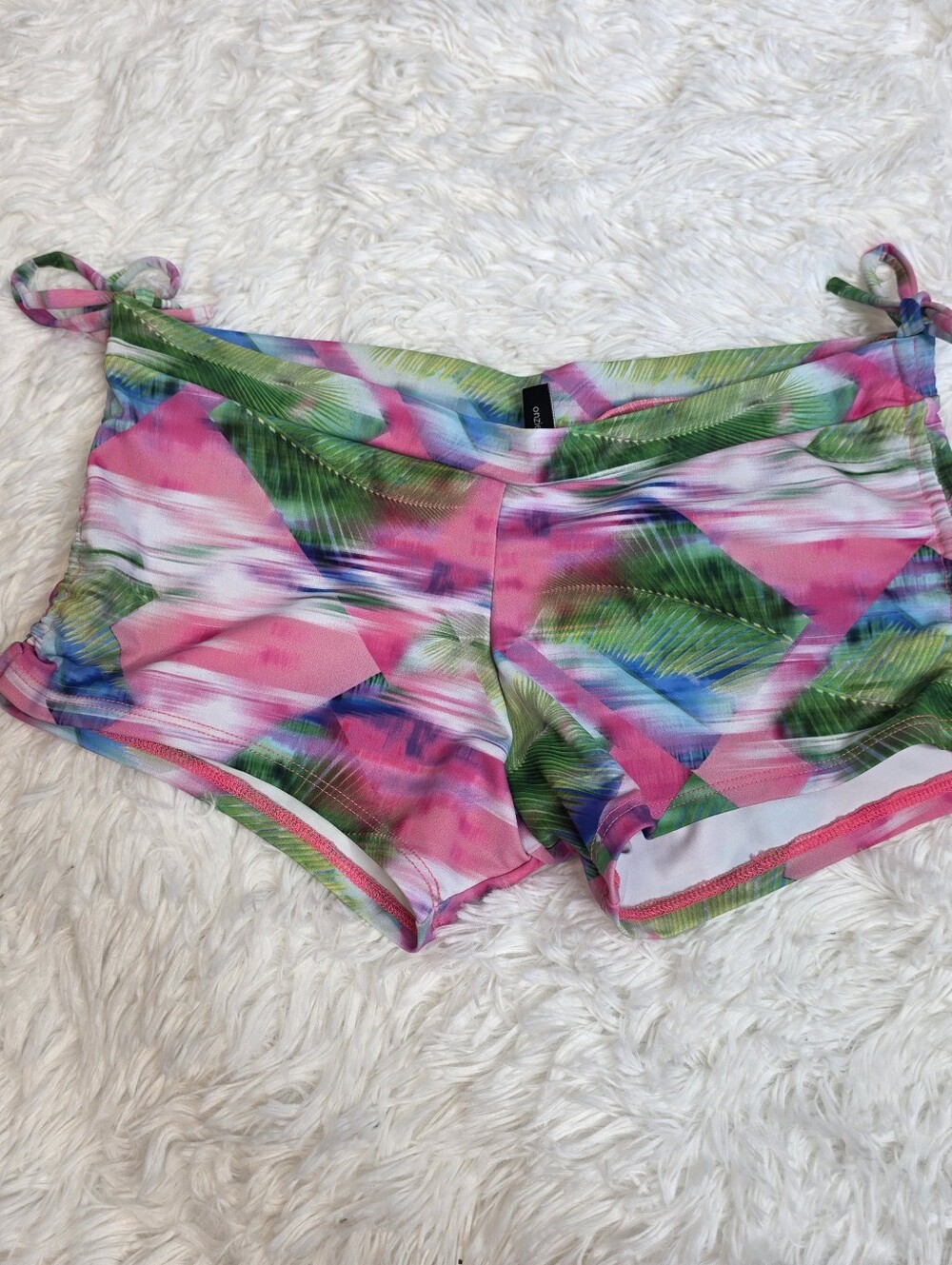 Onzie One Size Tropical Palm Print Side Tie Swim Bottoms Shorts Sz Small